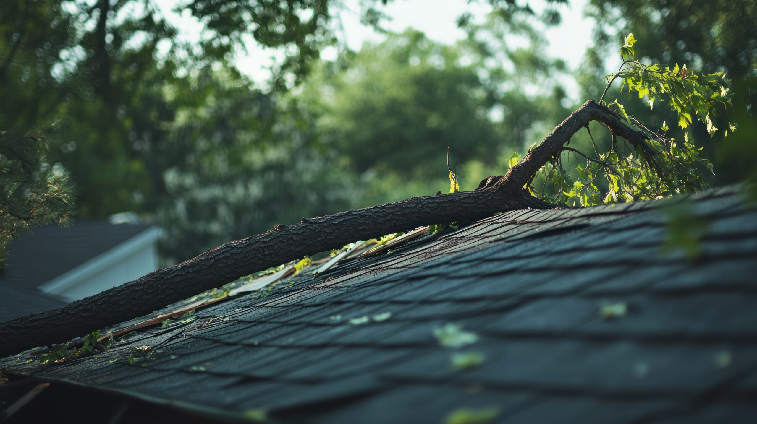 A tree branch rests across a dark shingled roof, with green trees and sunlight in the background.